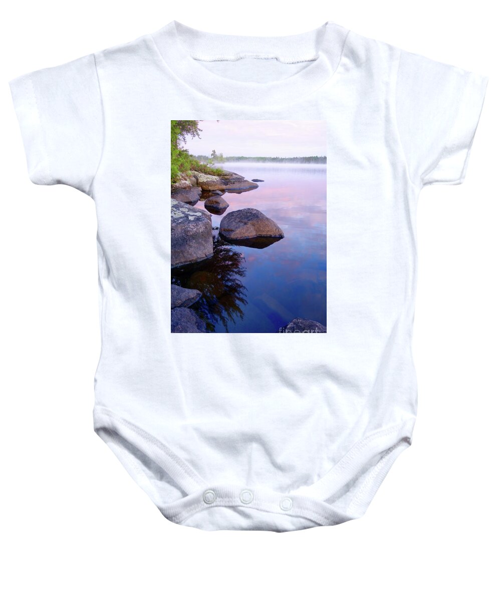 Lake Jeanette Baby Onesie featuring the photograph Rose Colored Morning by Sandra Updyke