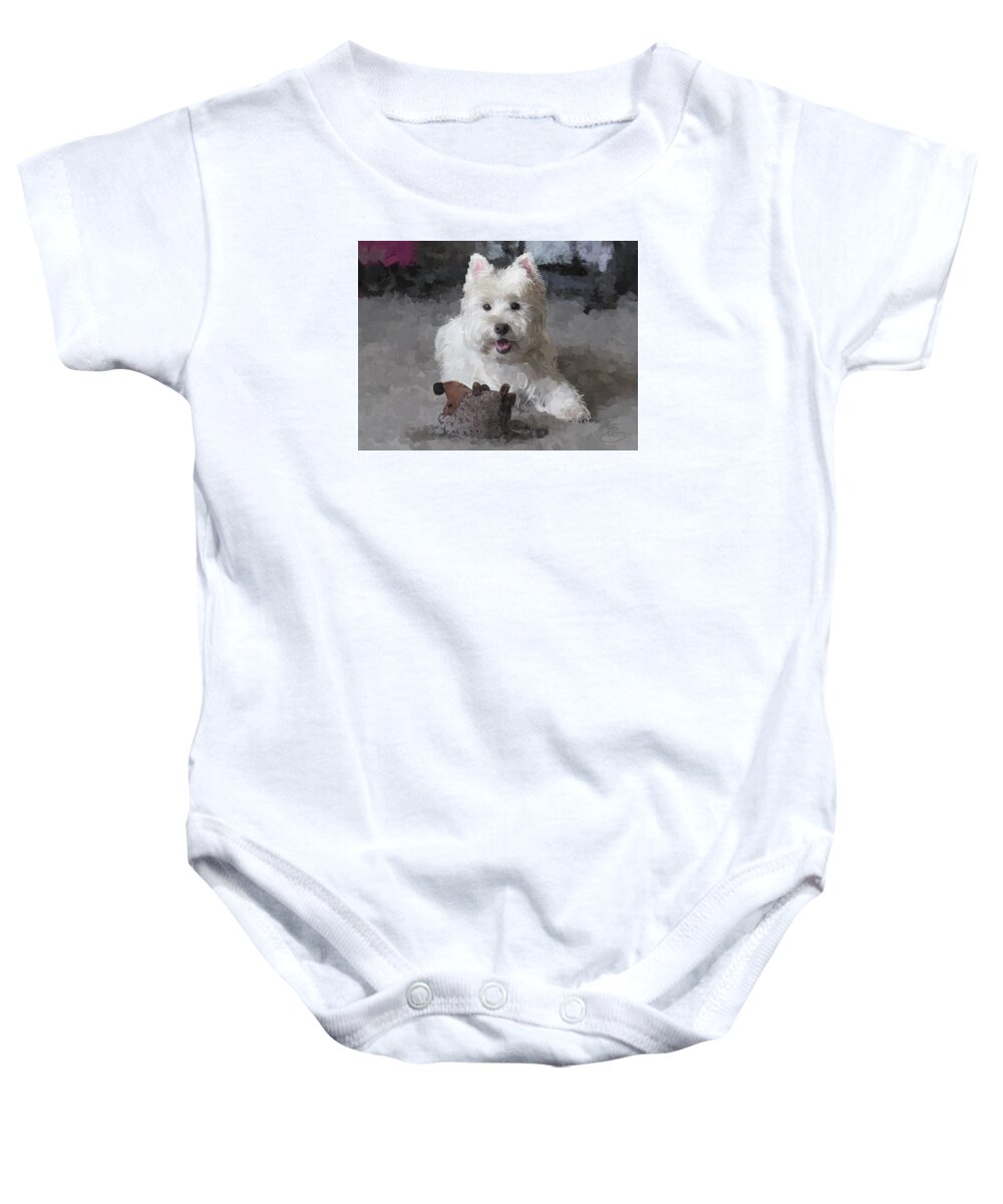 Dog Baby Onesie featuring the digital art Rose with a new toy by Debra Baldwin