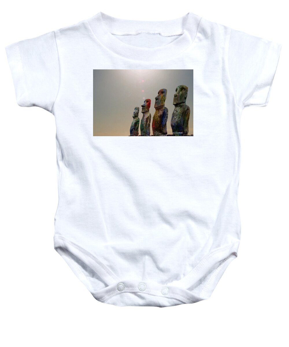'sacred Places' Collection By Serge Averbukh Baby Onesie featuring the digital art Sacred Places - Easter Island Rapa Nui Moai Figures by Serge Averbukh