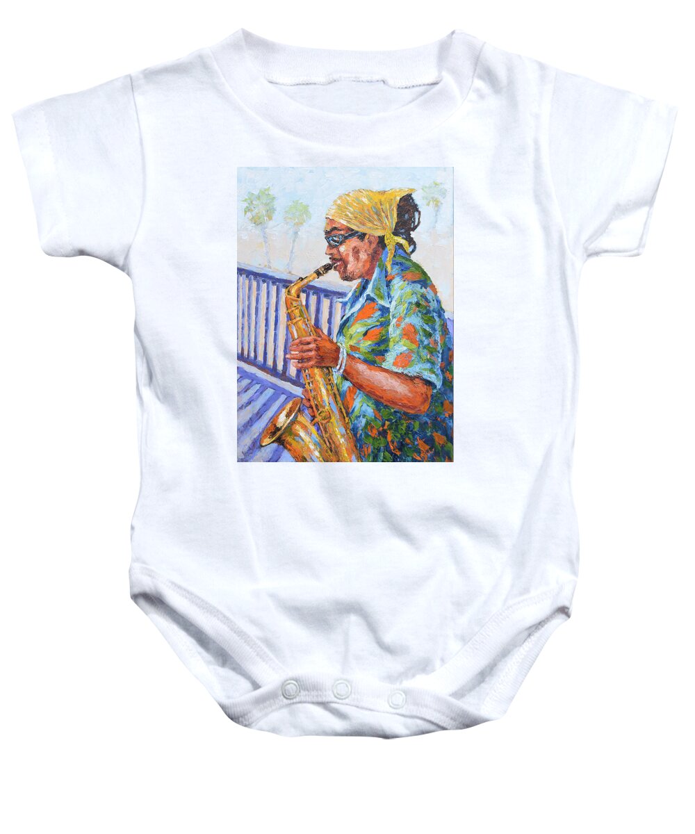 Music Baby Onesie featuring the painting Saxophone Player by Jyotika Shroff