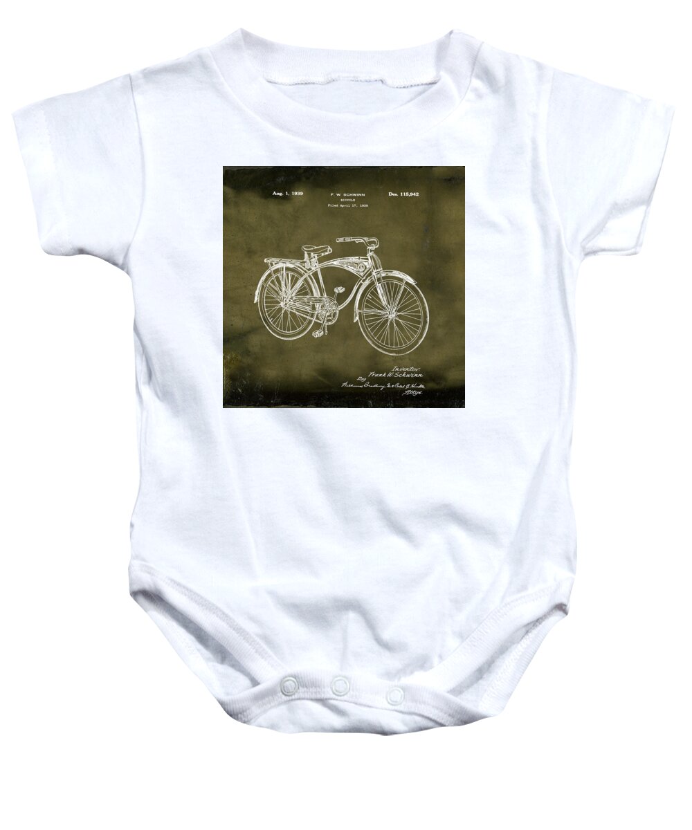 Schwinn Baby Onesie featuring the photograph Schwinn Bicycle 1939 Patent Grunge by Bill Cannon