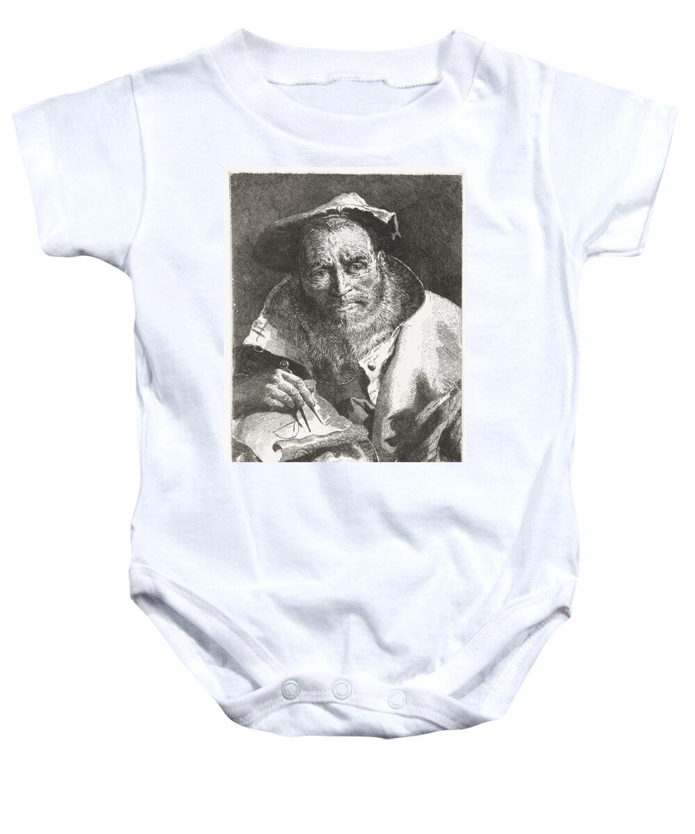 Scientist With Beret On Head And Compass In Hand Baby Onesie featuring the painting Scientist with beret on head and compass in hand Giovanni Domenico Tiepolo after Giovanni Battista by Celestial Images