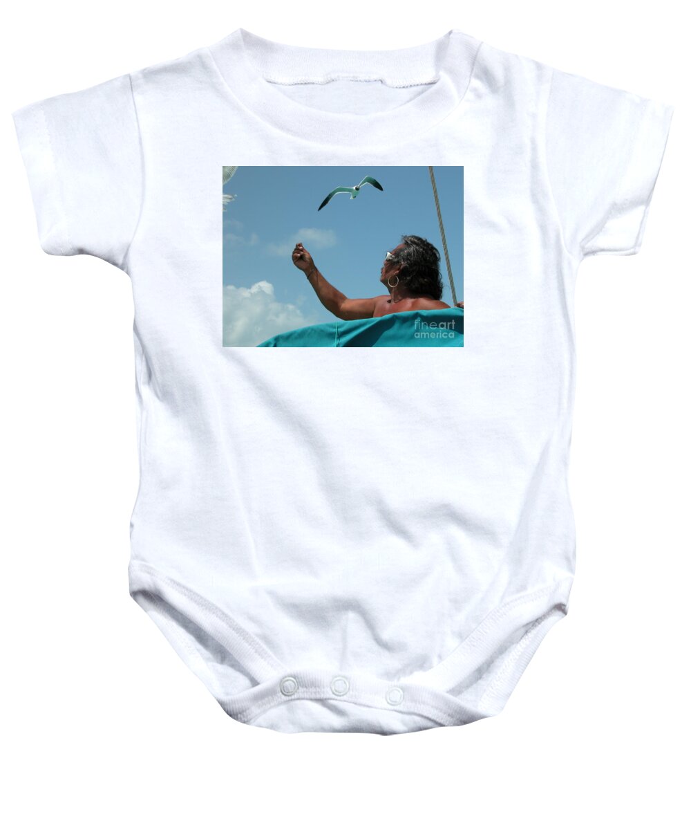 Belize Baby Onesie featuring the photograph Seagull Whisperer by Jim Goodman