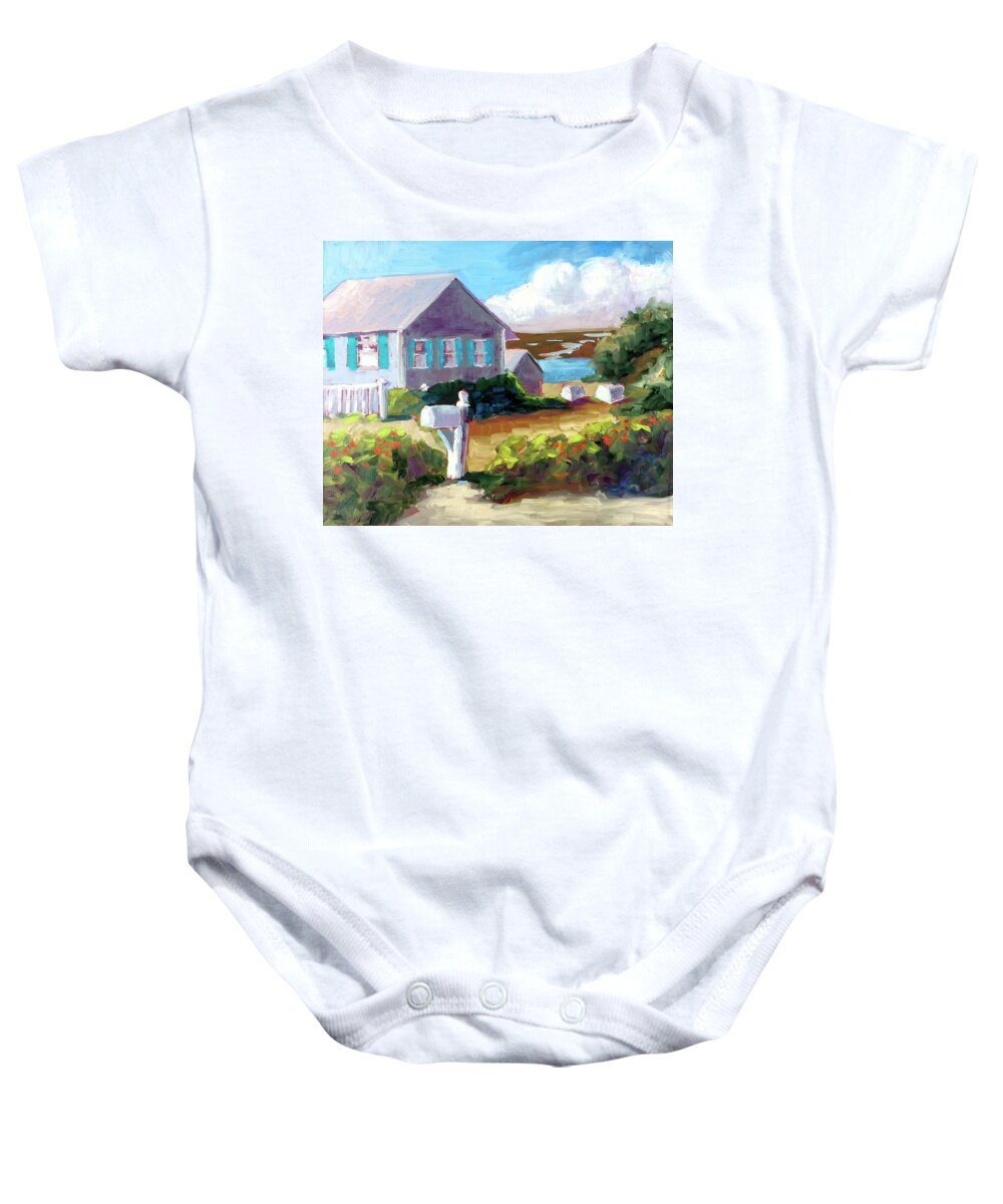 Seaside Cottage Baby Onesie featuring the painting Seaside Mail by Barbara Hageman