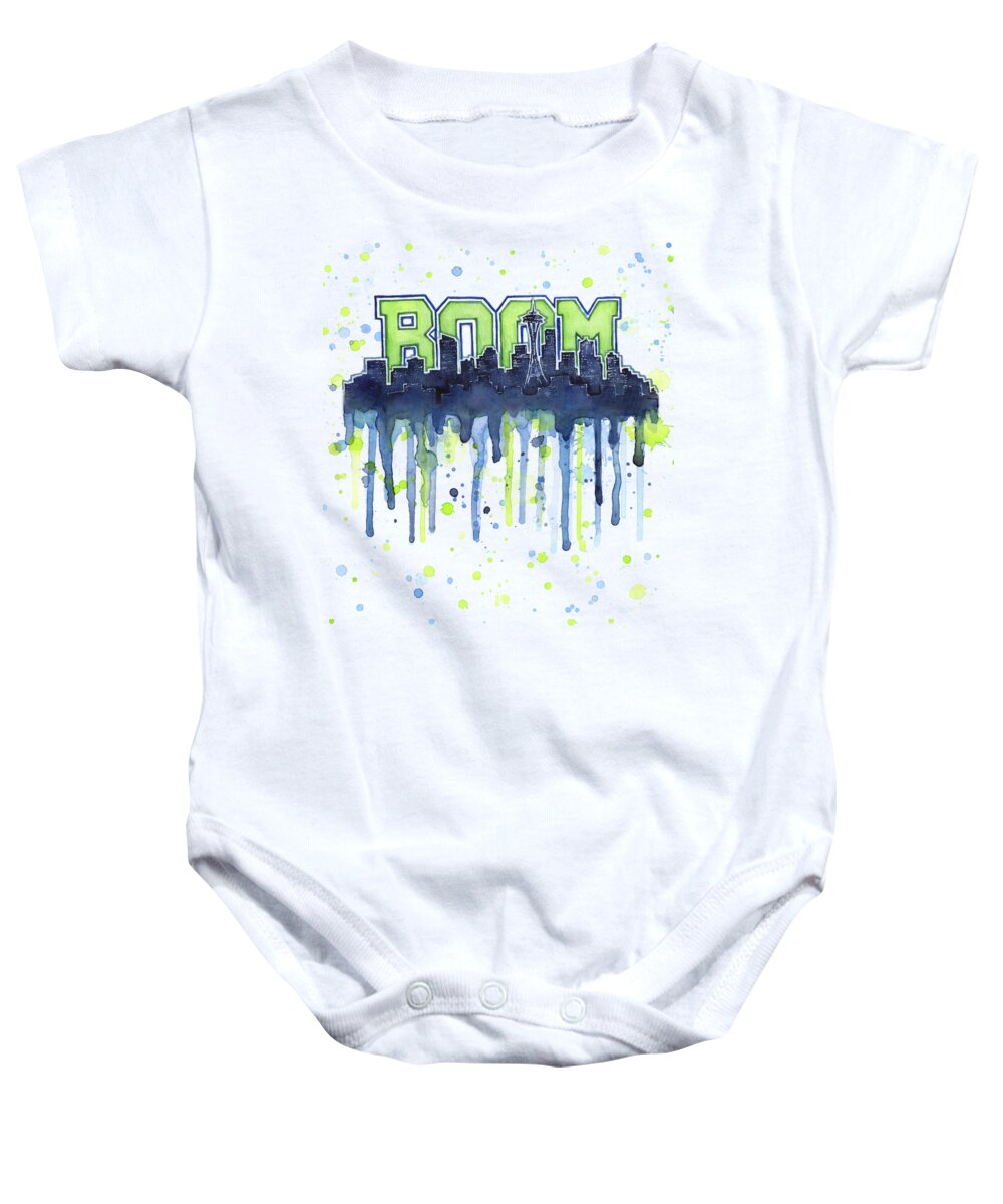 Seattle Baby Onesie featuring the painting Seattle 12th Man Legion of Boom Watercolor by Olga Shvartsur