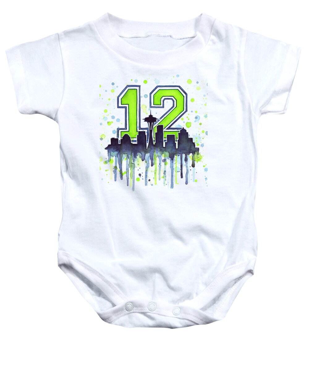 Seattle Baby Onesie featuring the painting Seattle Seahawks 12th Man Art by Olga Shvartsur