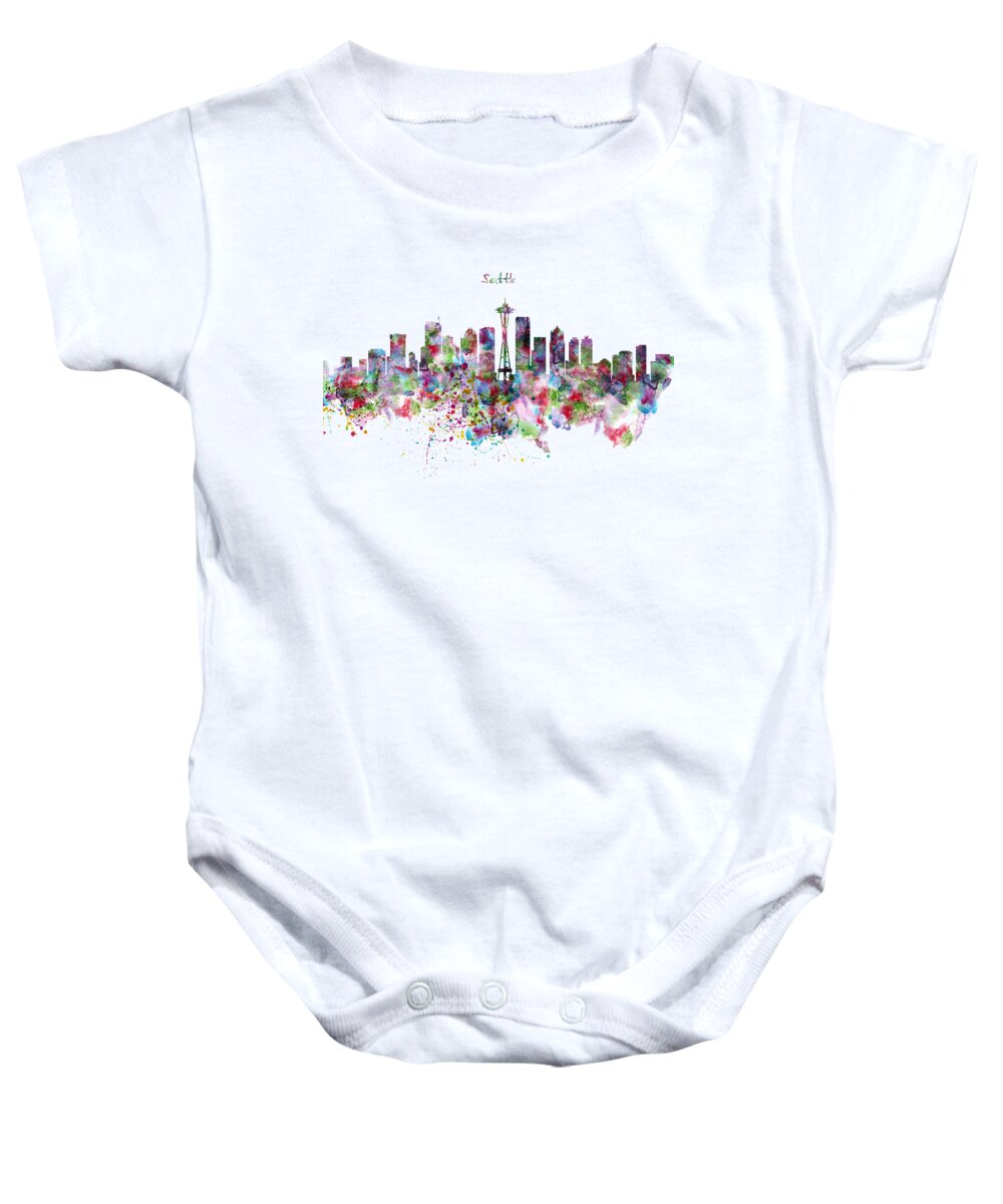 Seattle Baby Onesie featuring the painting Seattle Skyline Silhouette by Marian Voicu