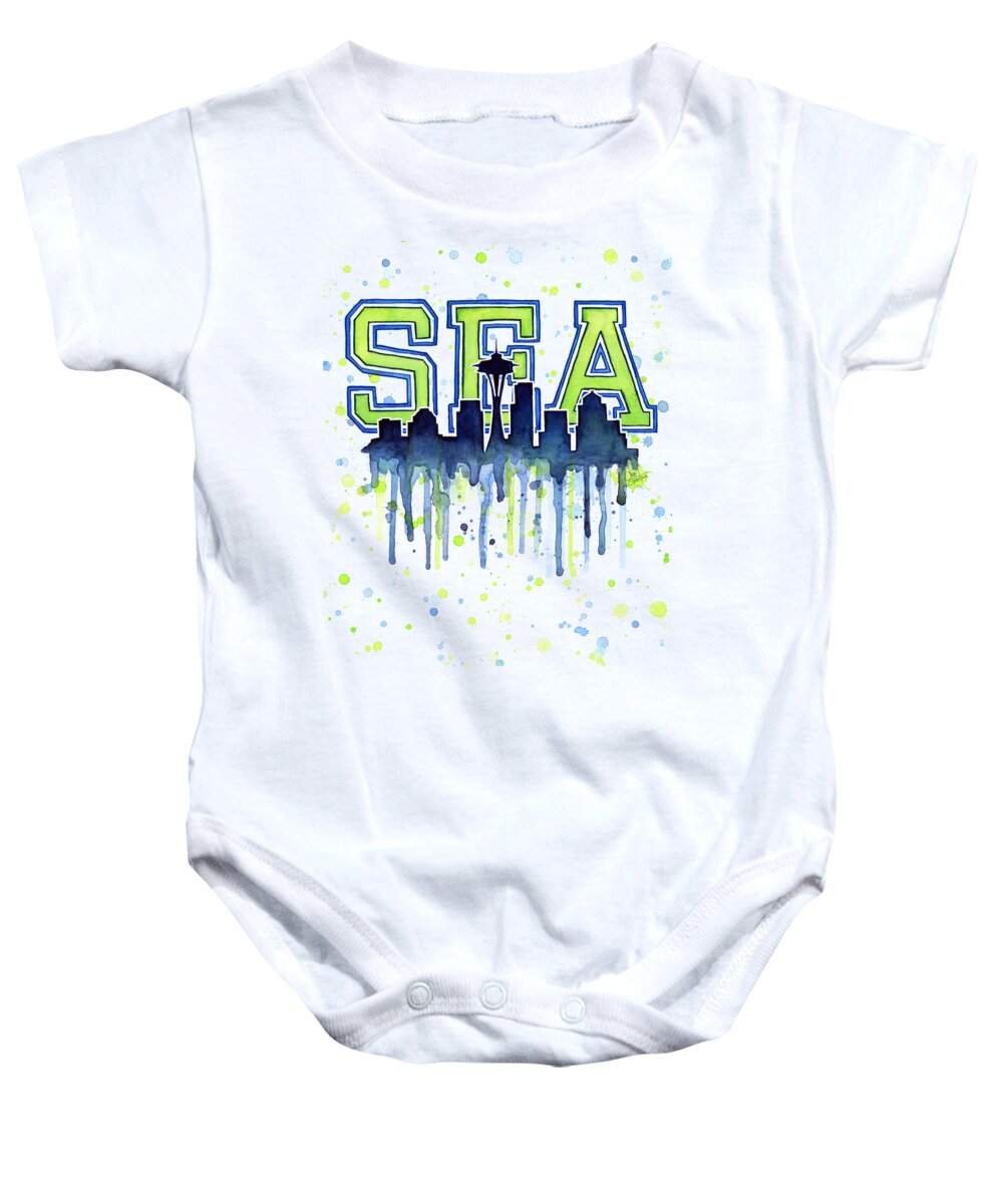 Watercolor Baby Onesie featuring the painting Seattle Watercolor 12th Man Art Painting Space Needle Go Seahawks by Olga Shvartsur