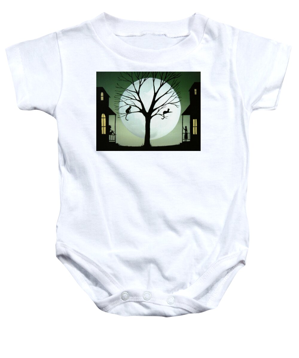 Folk Art Baby Onesie featuring the painting Sharing The Moon - cat silhouette art by Debbie Criswell