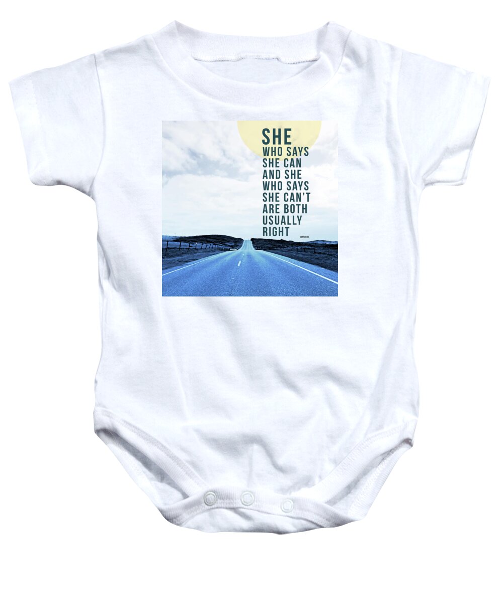 Road Baby Onesie featuring the mixed media She Who Can- Art by Linda Woods by Linda Woods
