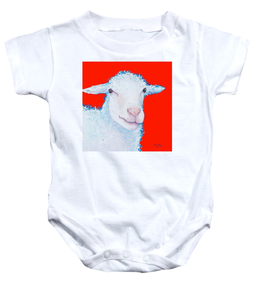 Sheep Baby Onesie featuring the painting Sheep painting on red background by Jan Matson