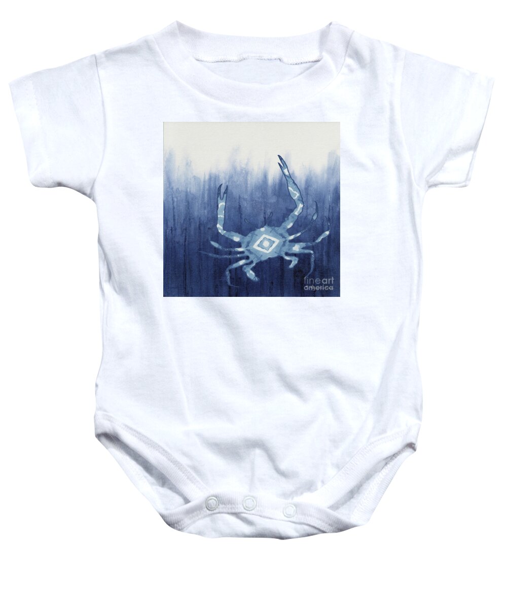 Blue Crab Baby Onesie featuring the painting Shibori Blue 4 - Patterned Blue Crab over Indigo Ombre Wash by Audrey Jeanne Roberts