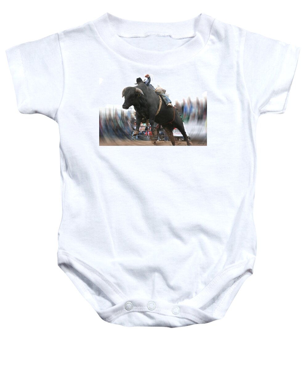 Cowboy Bull Riding Cow Rodeo Falling Entertainment Baby Onesie featuring the photograph Sideways by Andrea Lawrence