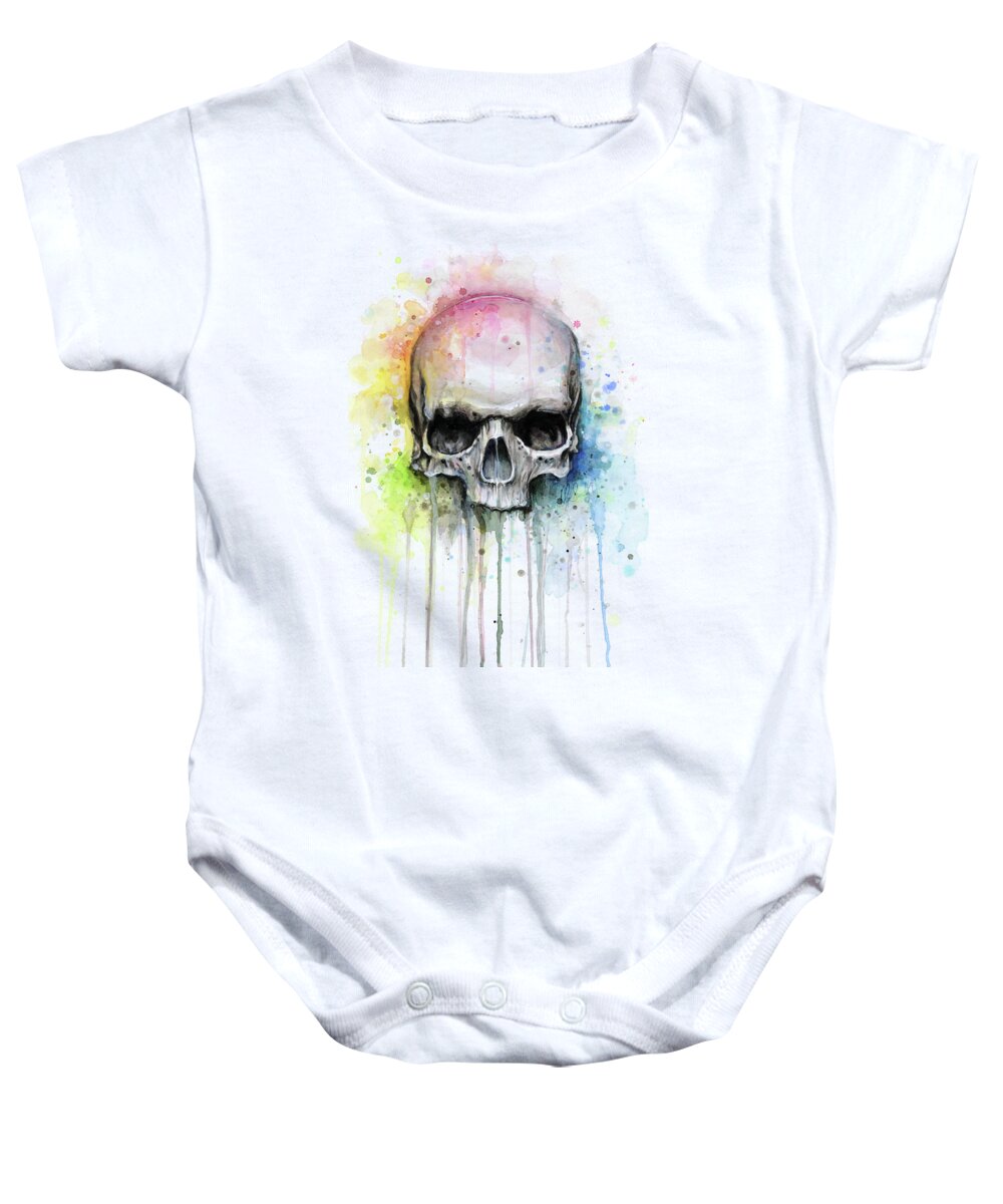 Skull Baby Onesie featuring the painting Skull Watercolor Rainbow by Olga Shvartsur