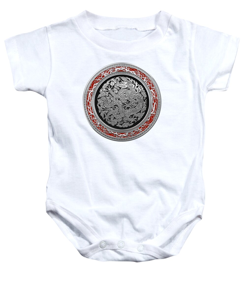 'treasure Trove' By Serge Averbukh Baby Onesie featuring the digital art Sliver Chinese Dragon on White Leather by Serge Averbukh