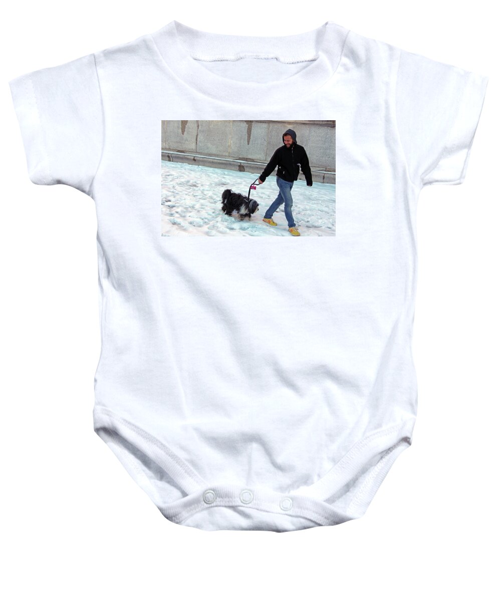 Dog Baby Onesie featuring the photograph Smiling As He Walks His Dog by Cora Wandel
