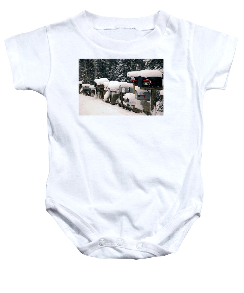 Mailboxes Baby Onesie featuring the photograph Snow Covered Mailboxes by Matt Swinden