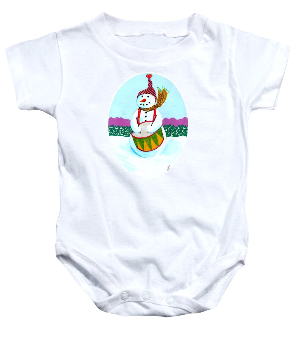 Snowman Baby Onesie featuring the painting Snowman Drummer by Jim Harris