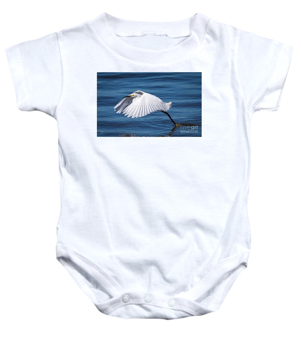 Egret Baby Onesie featuring the photograph Snowy Liftoff by DB Hayes