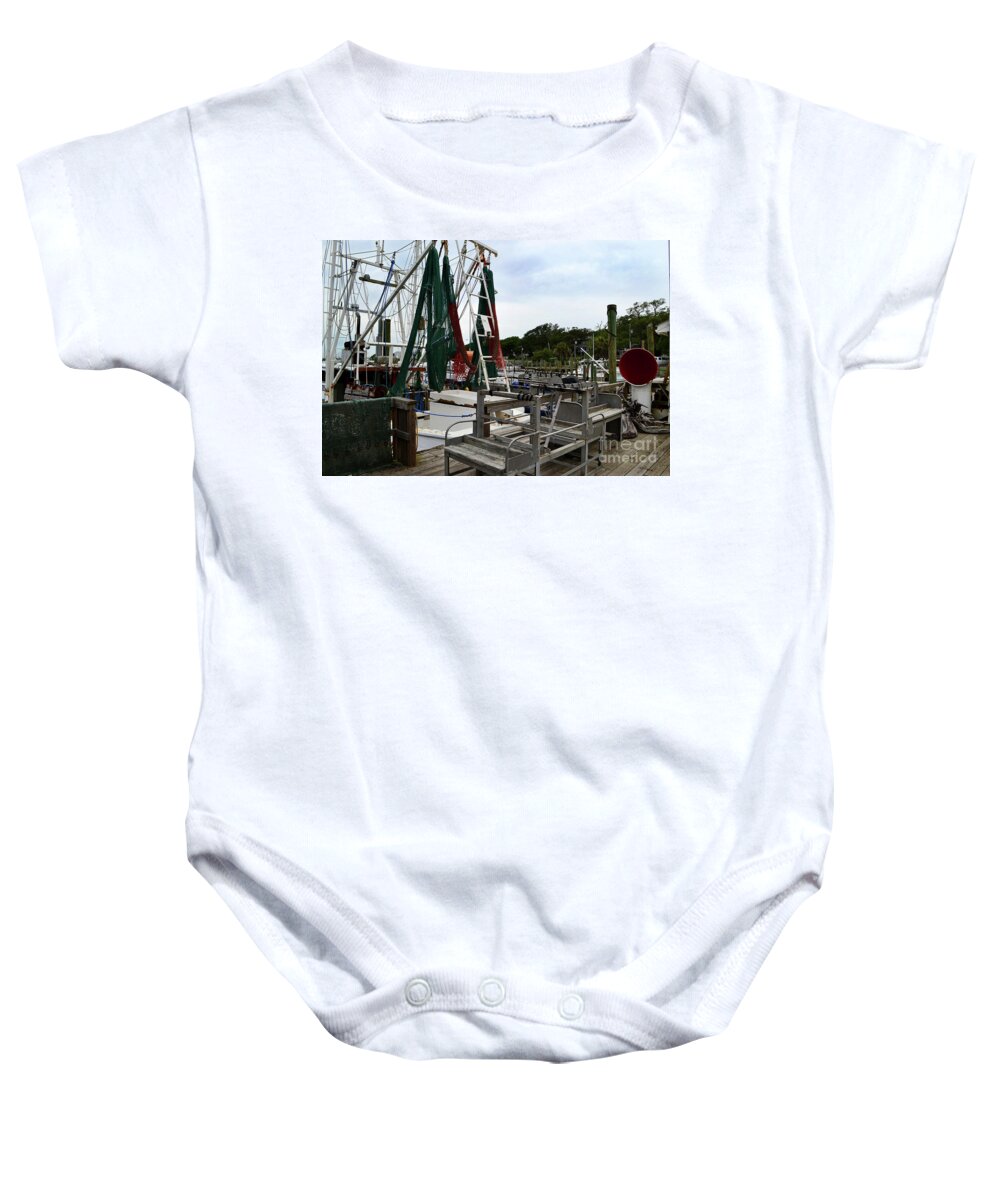 Southport Baby Onesie featuring the photograph Southport Pier Fishing Boats by Amy Lucid