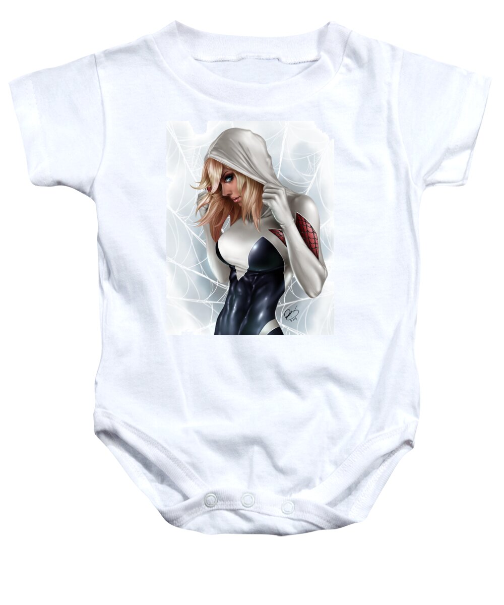Pete Tapang Baby Onesie featuring the painting Spider Gwen by Pete Tapang