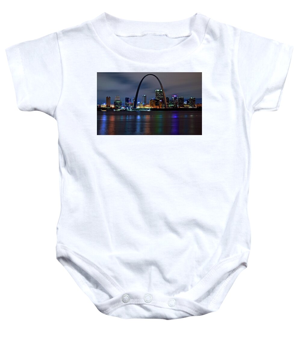 St Baby Onesie featuring the photograph St Louie Nightscape by Frozen in Time Fine Art Photography