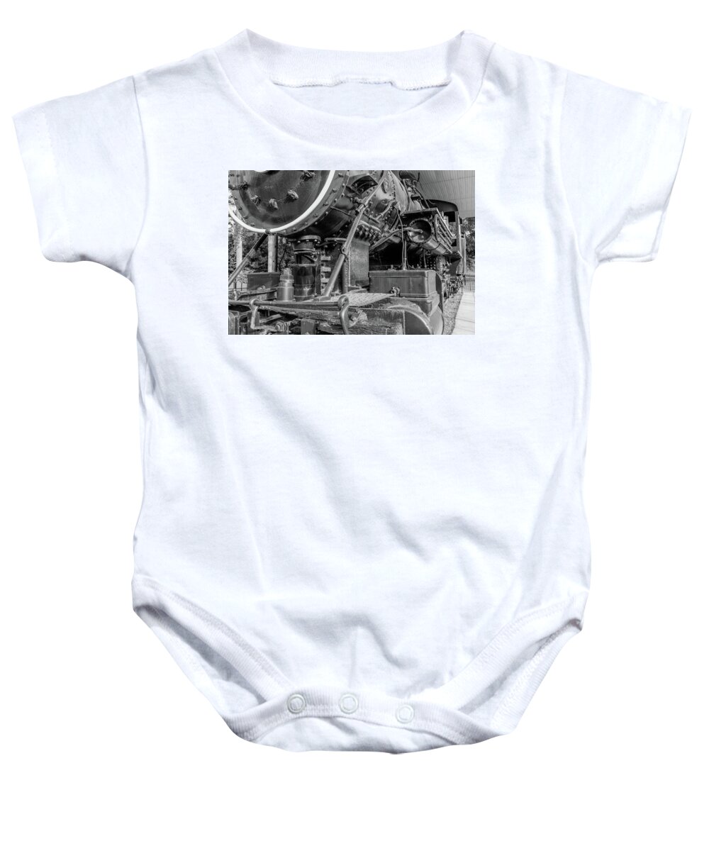 Steam Locomotive Baby Onesie featuring the photograph Steam Locomotive Front Angle View by Doug Camara