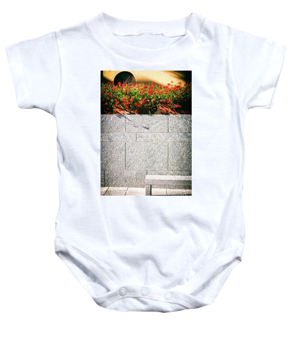 Architecture Baby Onesie featuring the photograph Stone bench with flowers by Silvia Ganora