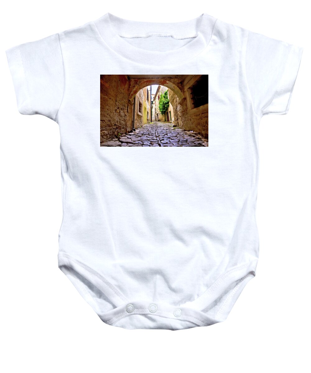 Groznjan Baby Onesie featuring the photograph Stone town of Groznjan old street by Brch Photography
