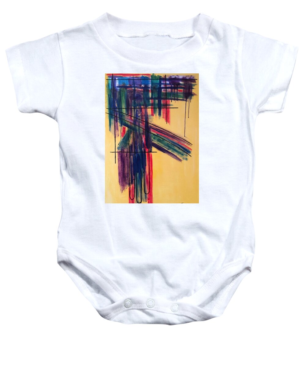 Graphic Design Painting Baby Onesie featuring the painting Contemporary Crossroads on Yellow by Diane Pape