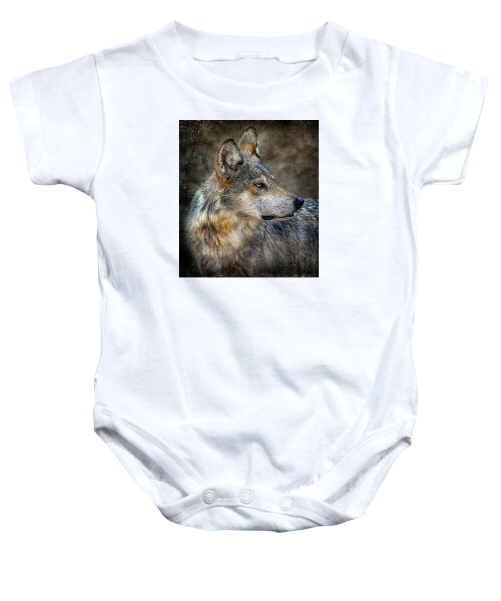 Wolf Baby Onesie featuring the mixed media Summertime Coated Wolf by Elaine Malott