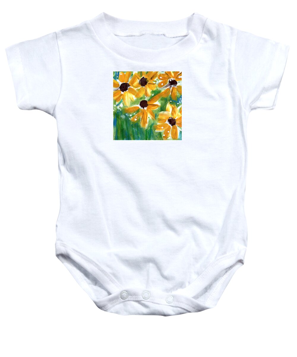 Sunflowers Baby Onesie featuring the painting Sunflowers by Linda Woods