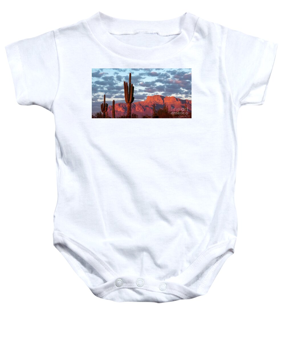 Superstition Mountain Baby Onesie featuring the photograph Superstitions Mt Pink Custom Pano by Joanne West