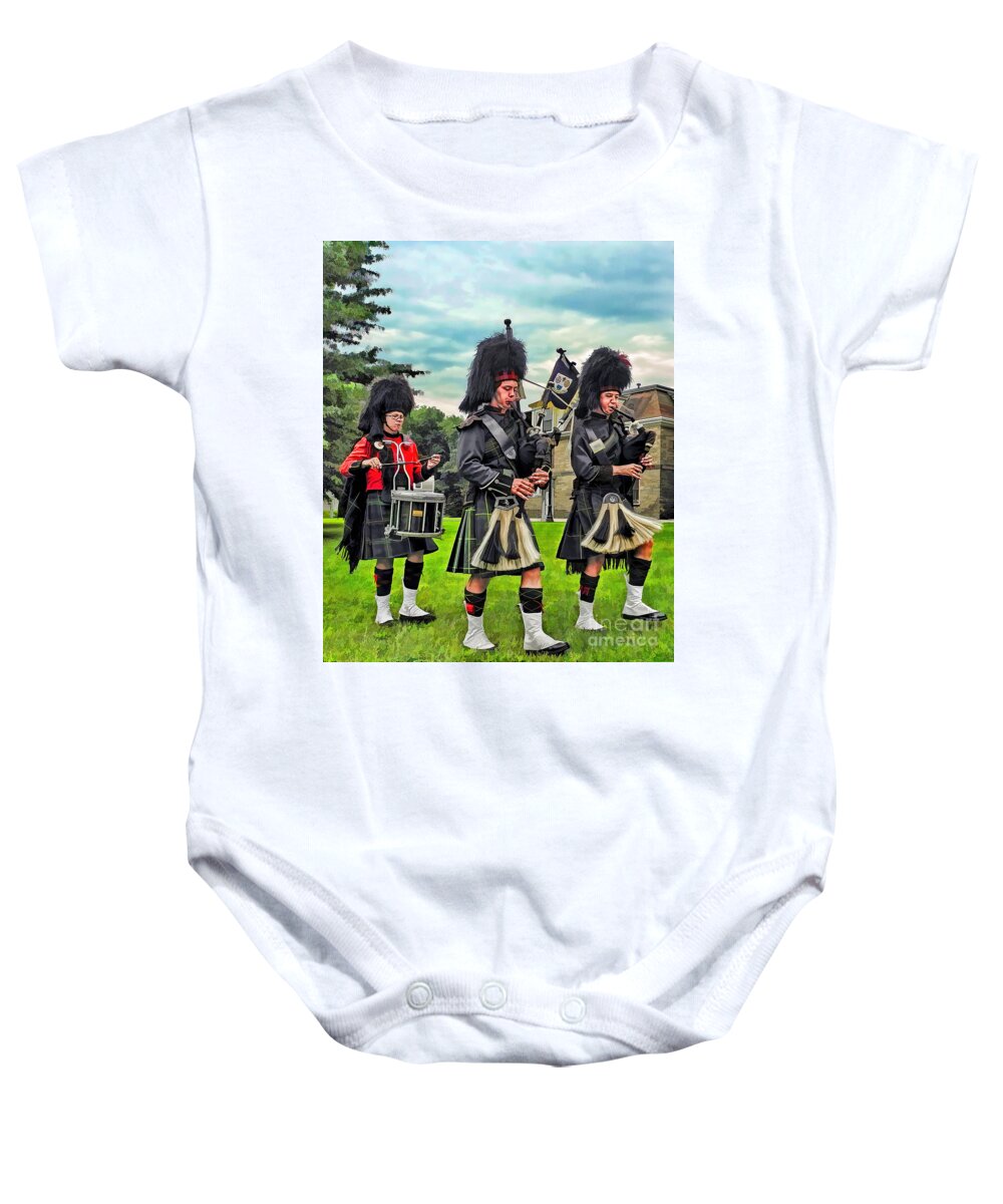 Changing Of The Guard Baby Onesie featuring the photograph Swinging Kilts by Carol Randall