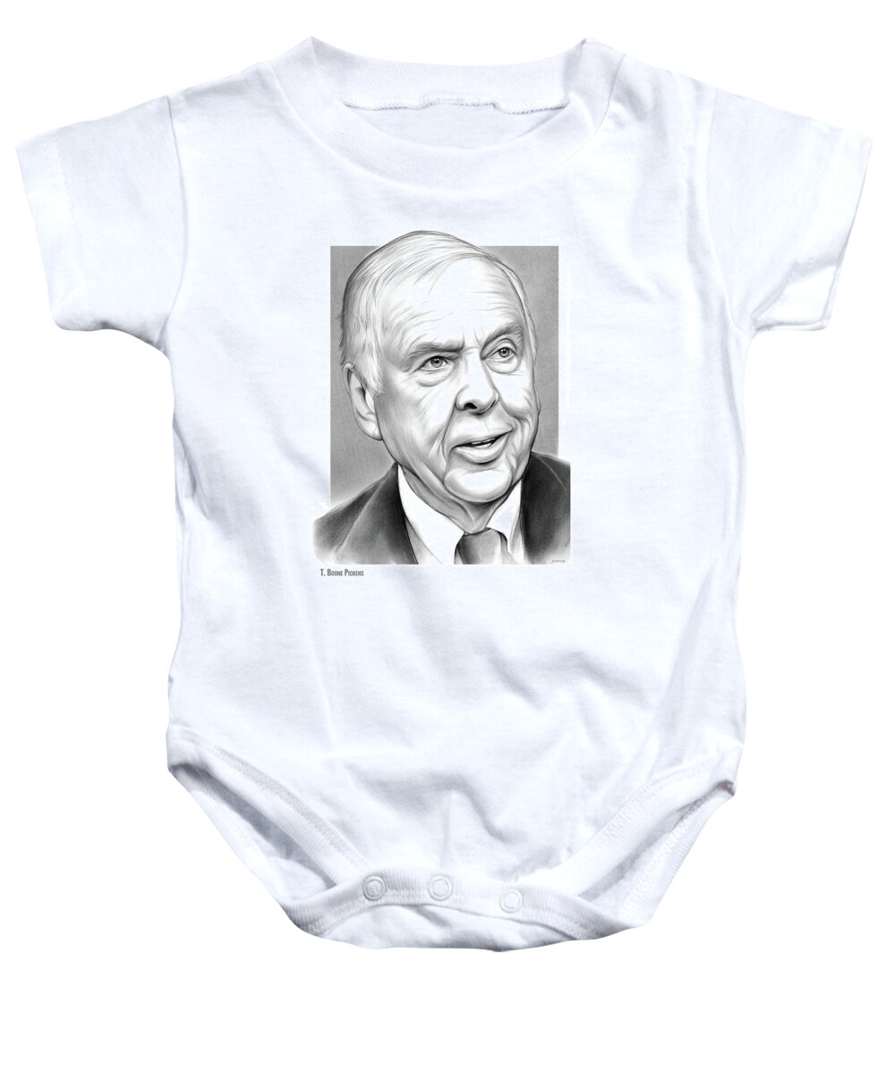 T Boone Pickens Baby Onesie featuring the drawing T Boone Pickens by Greg Joens