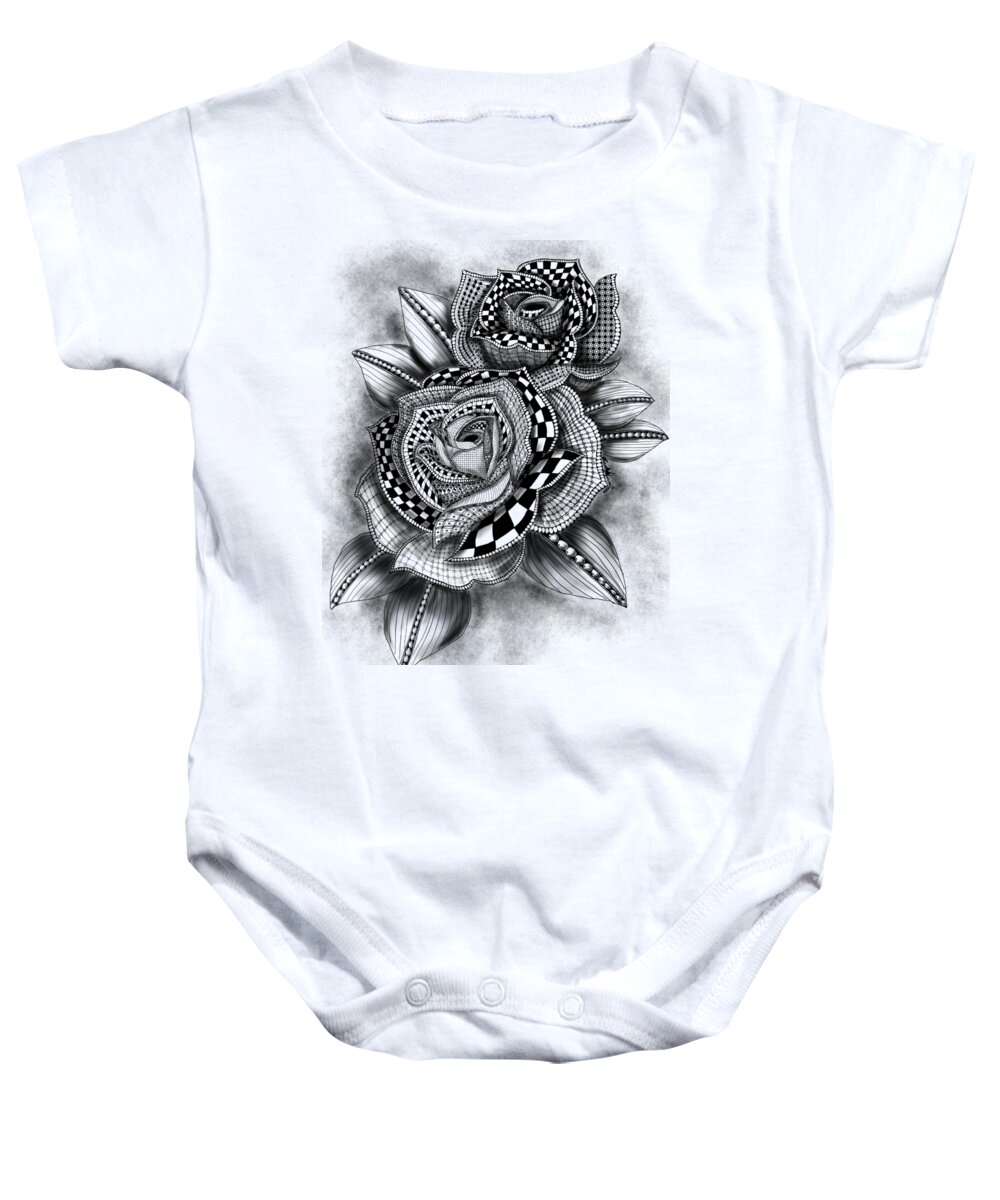Tattoo Rose. Rose Baby Onesie featuring the drawing Tattoo Rose Greyscale by Becky Herrera