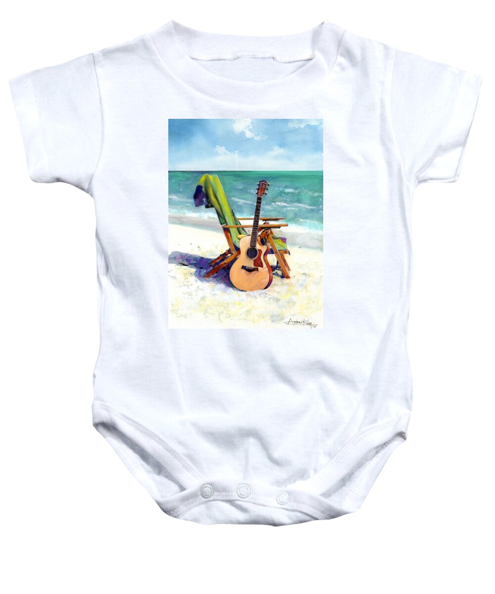 Guitar Paintings Baby Onesie featuring the painting Taylor at the Beach by Andrew King