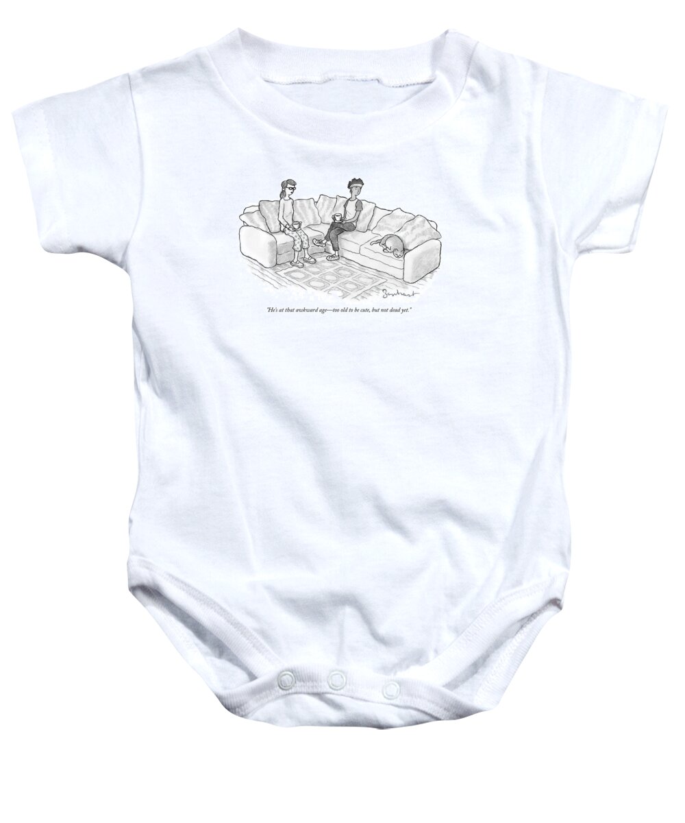 Cat Baby Onesie featuring the drawing That awkward age by David Borchart