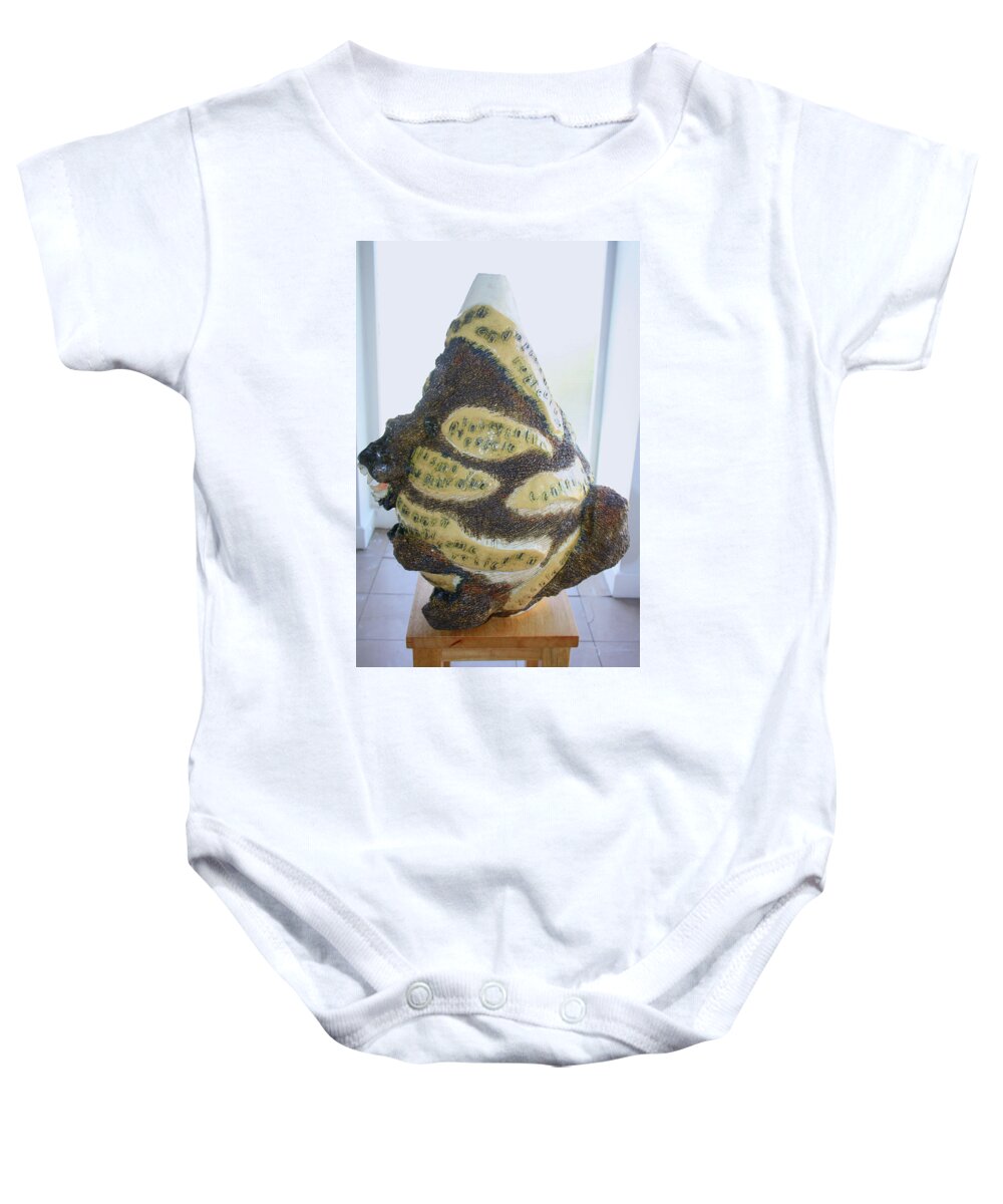 Jesus Baby Onesie featuring the sculpture The Animal Cell - view one by Gloria Ssali