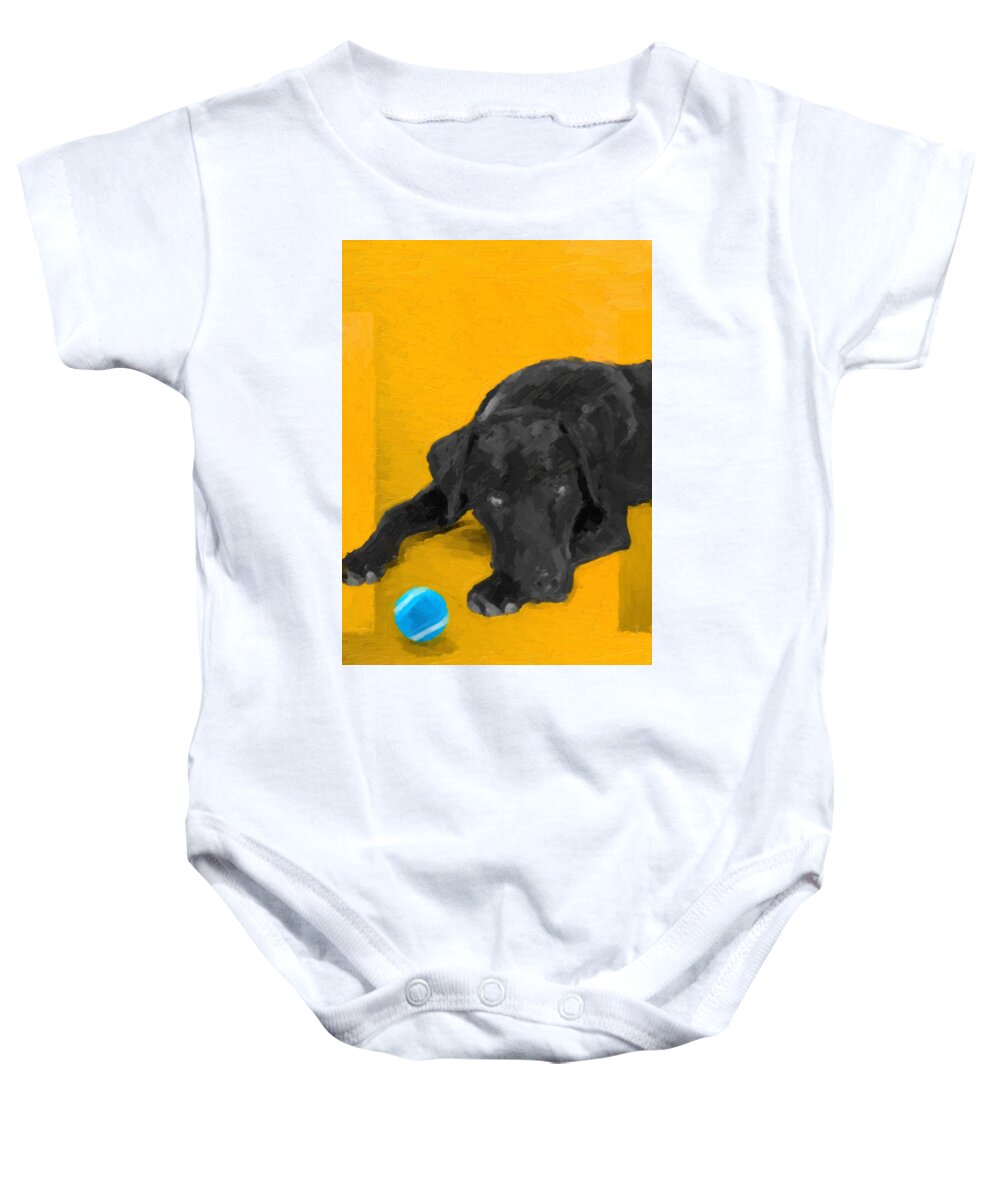 ‘the Dog Park’ Collection By Serge Averbukh Baby Onesie featuring the digital art The Dog Park - Black Labrador Retriever over Yellow Canvas by Serge Averbukh