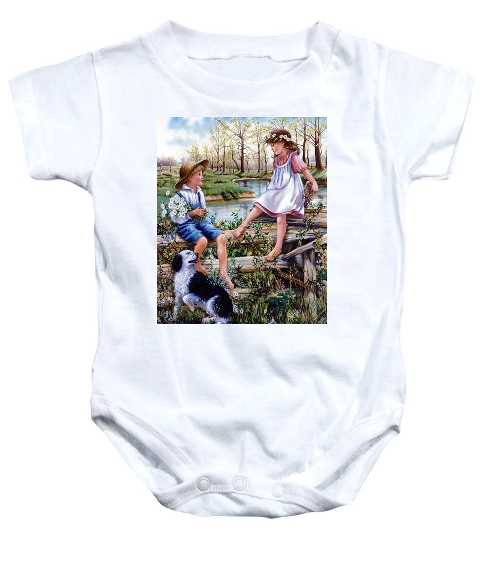 Historic Landscape With Children Baby Onesie featuring the painting The Flirt by Marie Witte