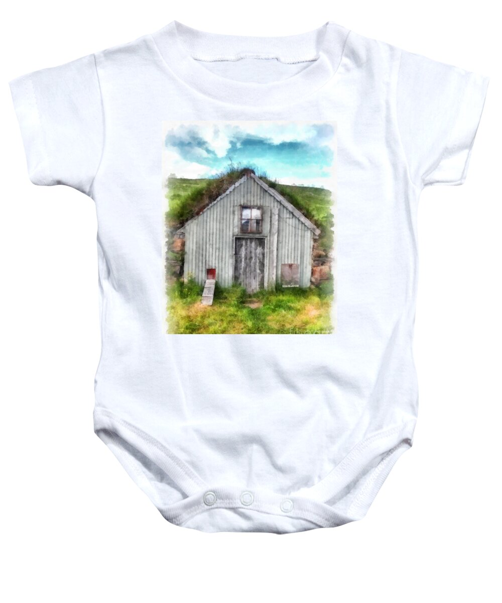 Iceland Baby Onesie featuring the painting The Old Chicken Coop Iceland Turf Barn by Edward Fielding