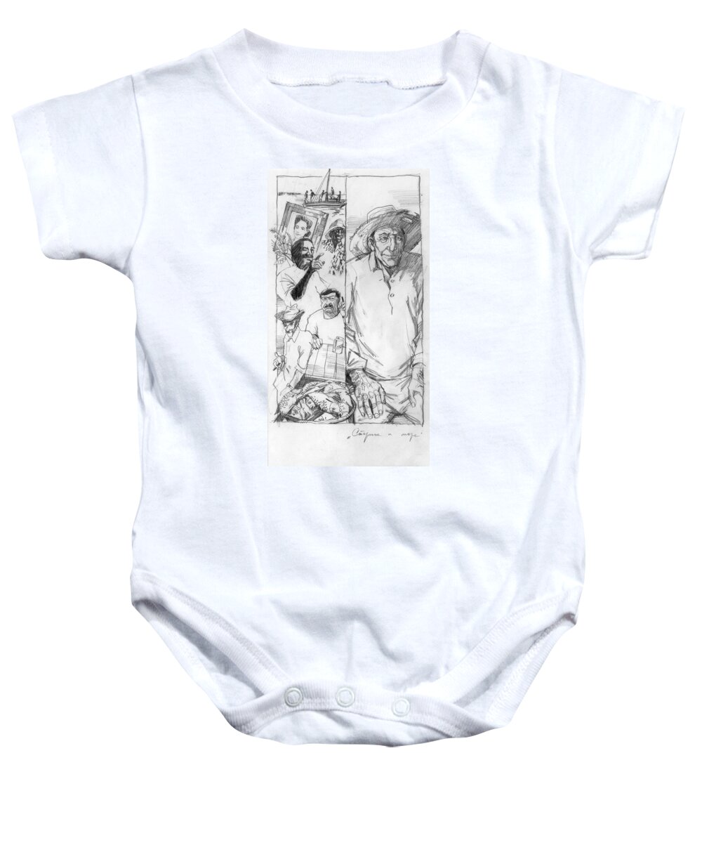 Ernest Hemingway Baby Onesie featuring the drawing The Old Man and the Sea. Book Illustration by Igor Sakurov