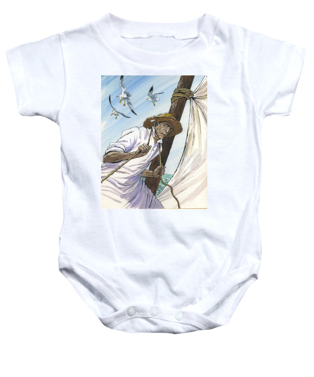 Ernest Hemingway Baby Onesie featuring the painting The Old Man and the Sea. Novel Illustration by Igor Sakurov