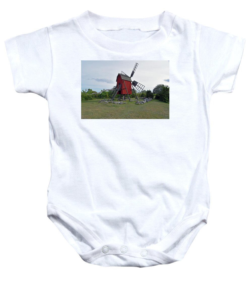 Sweden Baby Onesie featuring the pyrography The windmill by Magnus Haellquist