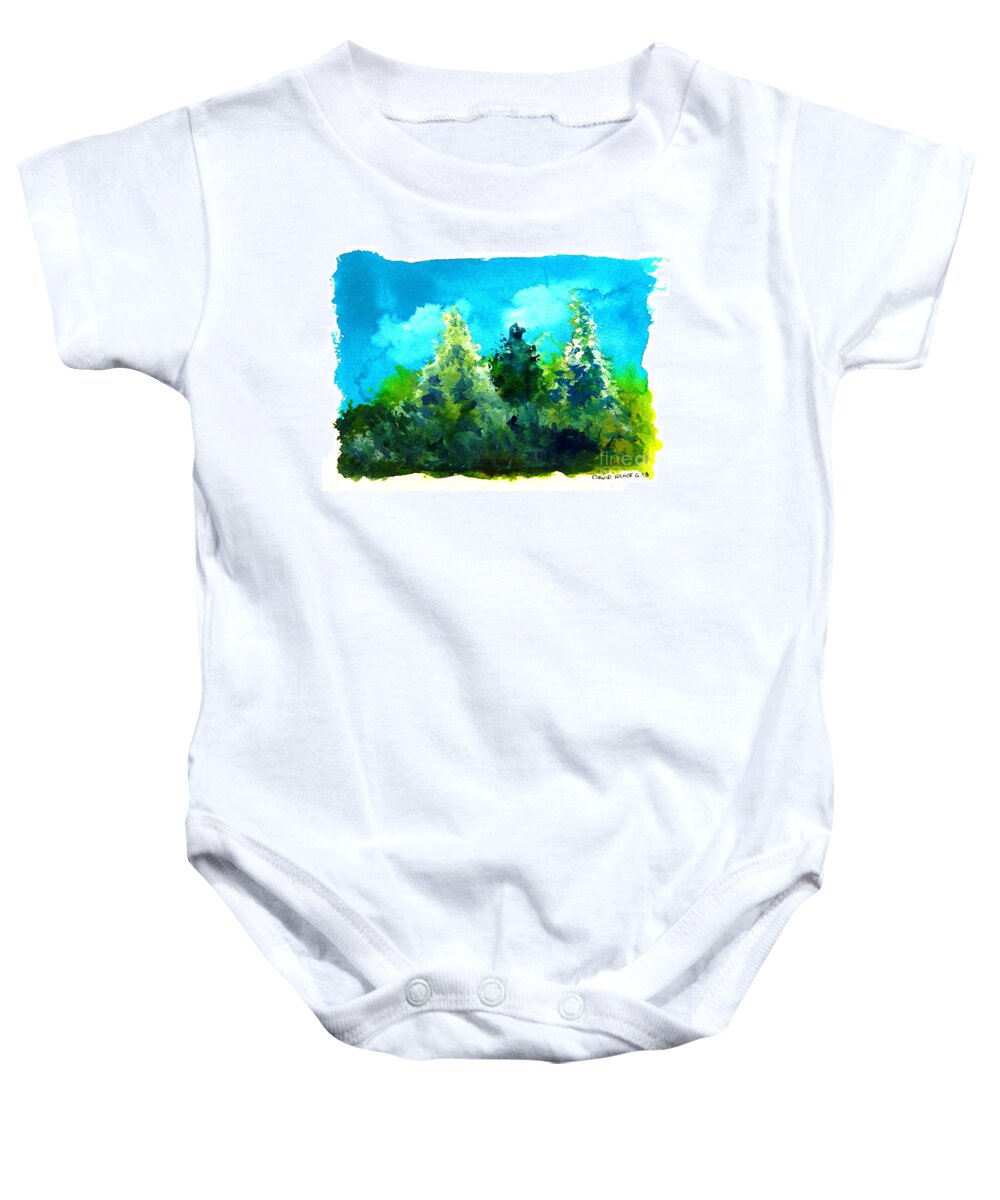 Landscape Baby Onesie featuring the painting Three Evergreens by David Neace CPX
