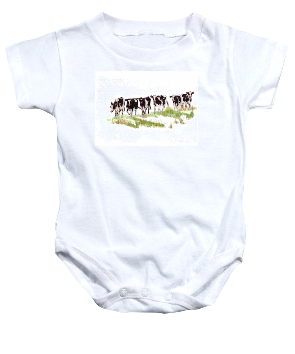 Woolyfrogarts Baby Onesie featuring the mixed media Till the Cows... by Jan Killian