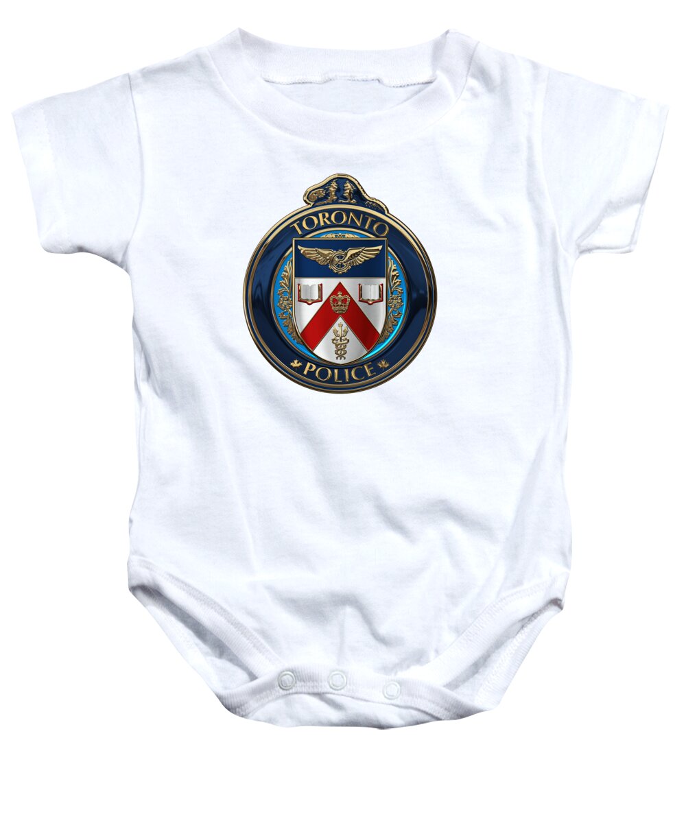 'law Enforcement Insignia & Heraldry' Collection By Serge Averbukh Baby Onesie featuring the digital art Toronto Police Service - T P S Emblem over White Leather by Serge Averbukh
