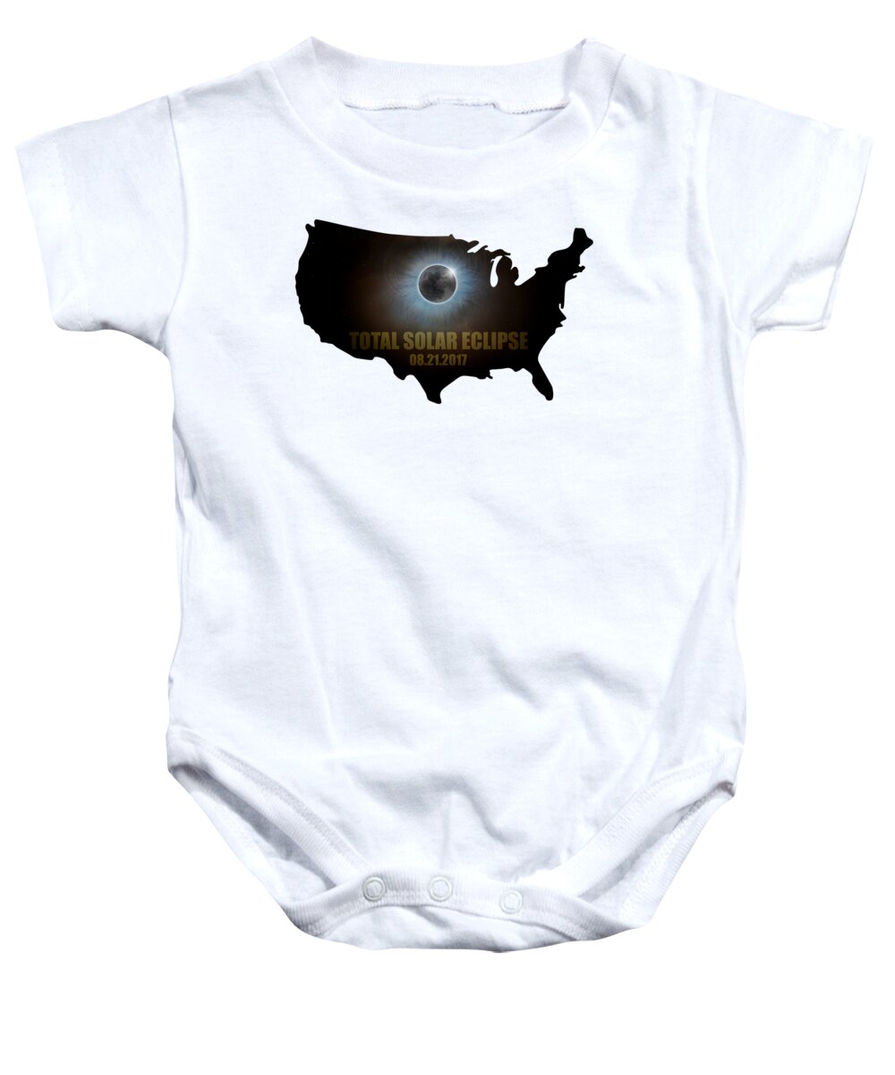 Solar; Eclipse; Total; Corona; Crown; 2017; August 21st; Across America; Event; Full; Moon; Celestial; Space; Astrology; Astronomy; Sky; Lunar; Clouds; Outline; Map; Night; Evening; Rise; Moonrise; Weather; Nature; Stormy; Hemisphere; United States; Usa; North America Baby Onesie featuring the digital art Total Solar Eclipse in United States Map Outline by David Gn