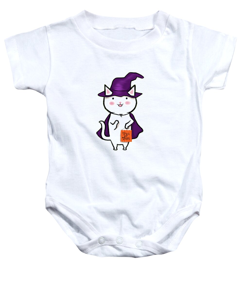  Kitty Baby Onesie featuring the painting Trick Or Treat Kitty by Little Bunny Sunshine